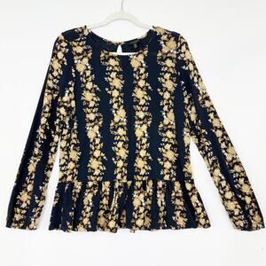 Lucky Brand Long Sleeve Peplum Top Navy with Brown & Gold Floral Stripes Large